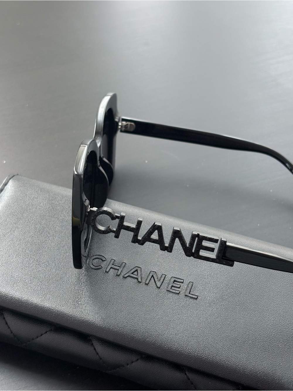 CHANEL Black Logo Temple Sunglasses with Gloss Finish